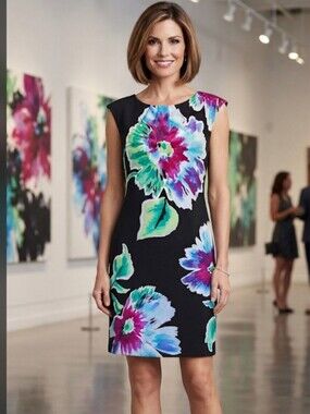 SIGNATURE LONDON STYLE- Floral Sleeveless Dress - Black with Multicolor Design